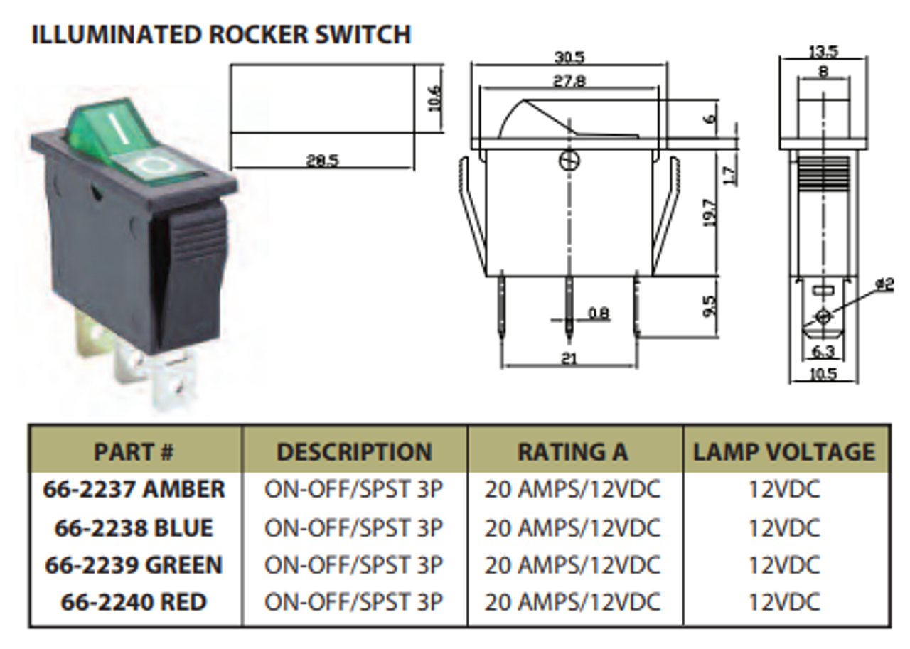 GREEN - Illuminated Rocker Switch On/Off SPST 3P 20A/12VDC -CES-66-2239