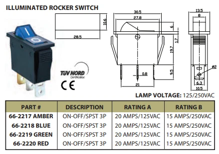 RED - Lighted Rocker Switch On/Off SPST 3P 20A/125VAC -CES-66-2220