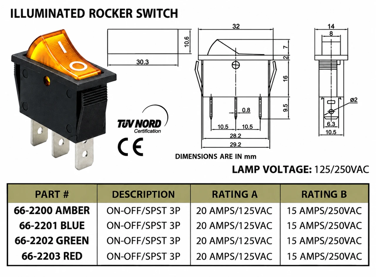 AMBER - Lighted Panel Rocker Switch On-Off SPST 20A@125VAC 3P - 66-2200