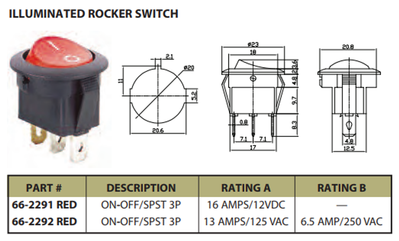 Illuminated Rocker Switch On/Off SPST 3P 16A/12VDC - CES-66-2291