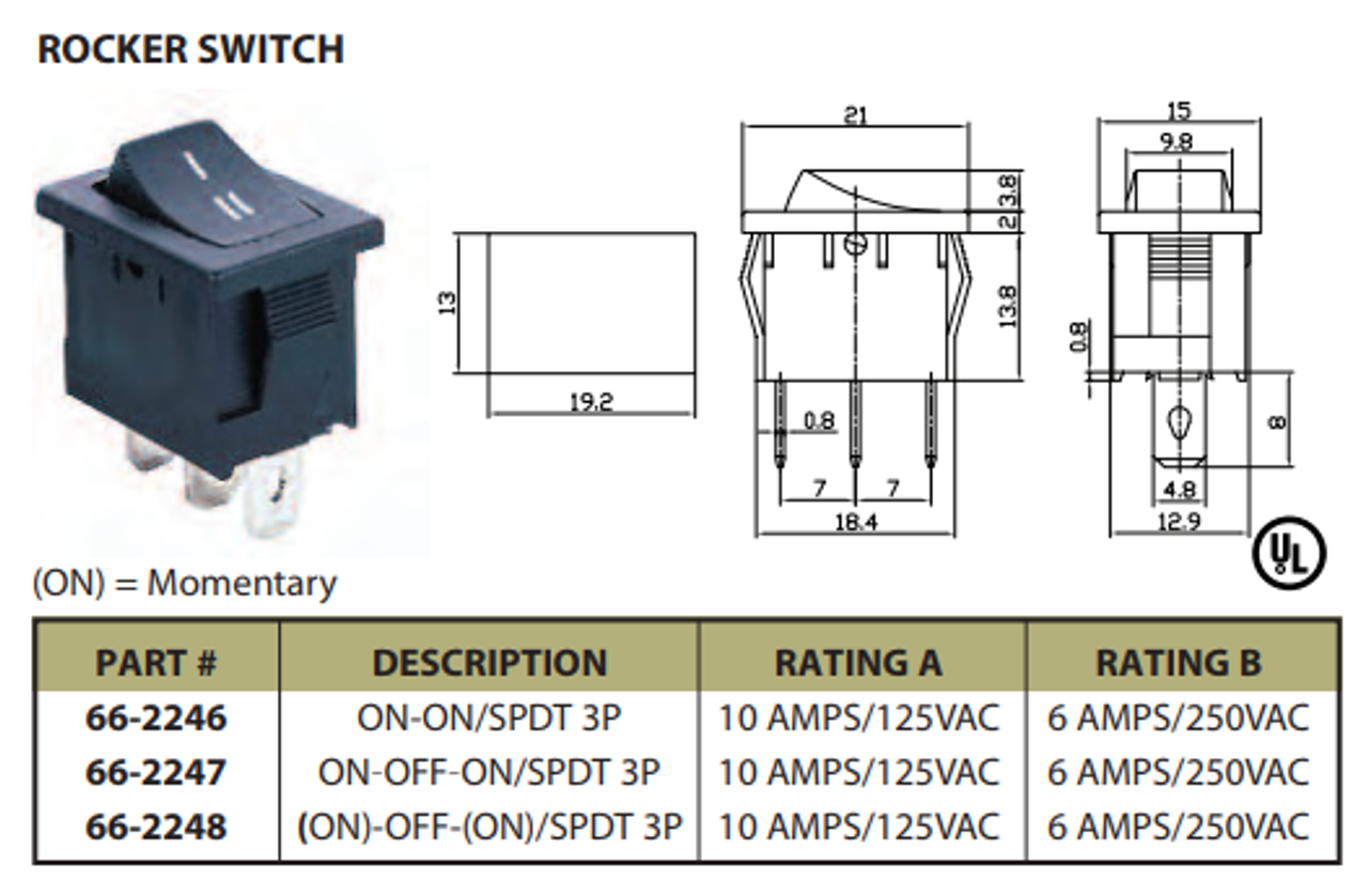 Rocker Switch Off/On SPST 3P 10A/125VAC - CES-66-2247