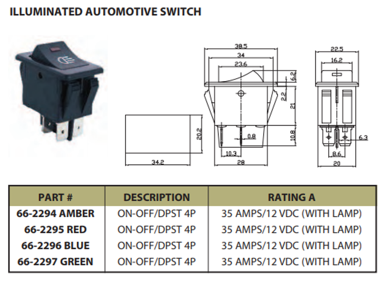 GREEN - Lighted Automotive Switch On/Off DPST 4P 35A/12VDC - CES-66-2297