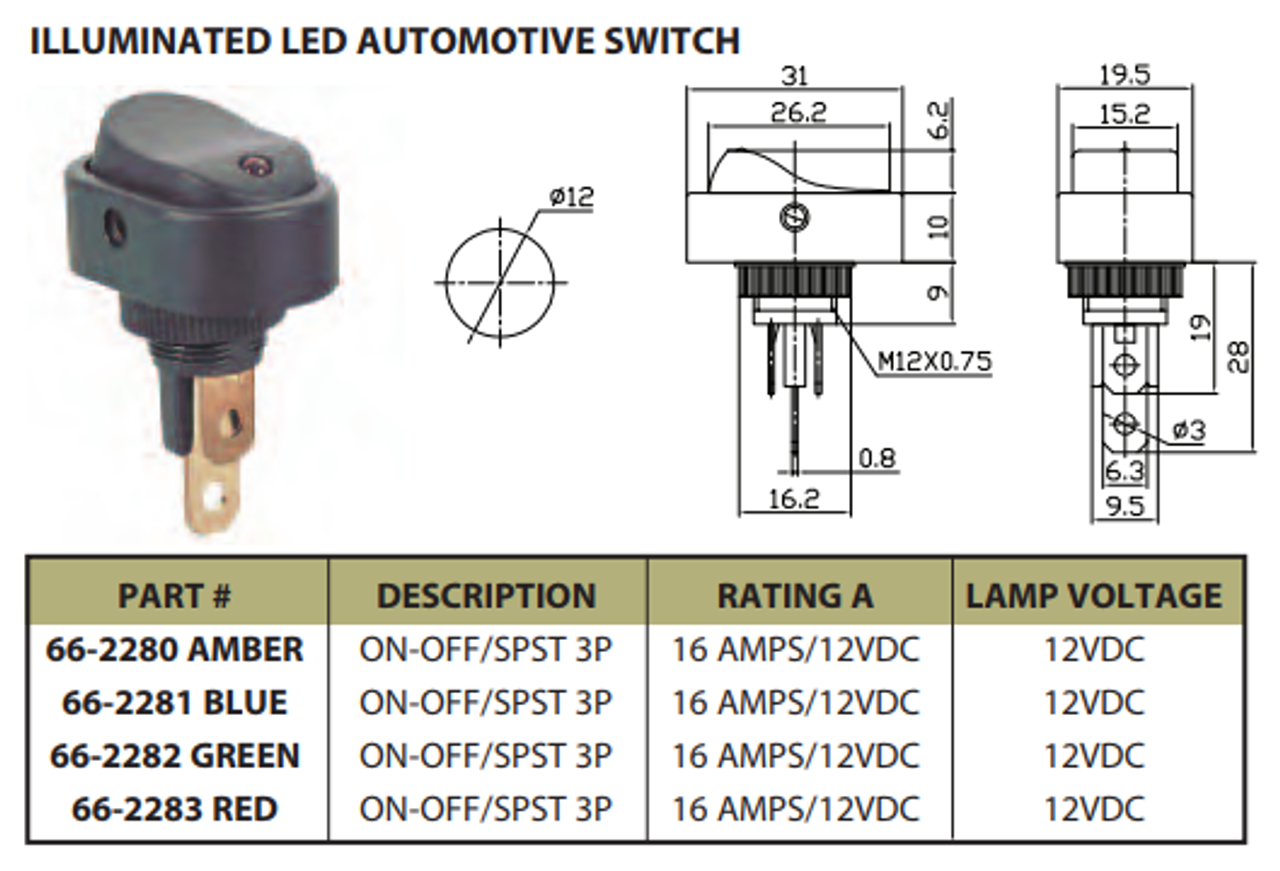 GREEN - Lighted LED Automotive Switch On/Off SPST 3P 16A/12VDC - 66-2282