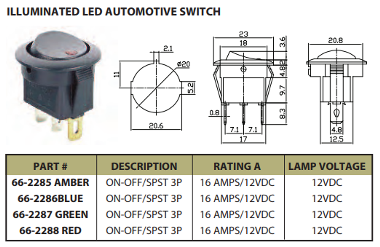 RED - Lighted LED Automotive Switch On/Off SPST 3P 16A/12VDC - 66-2288