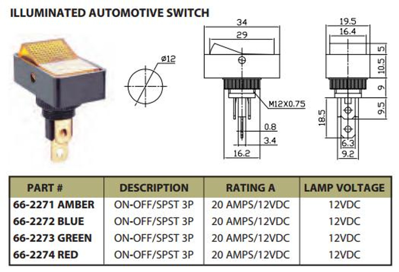GREEN - Lighted Automotive Switch On/Off SPST 3P 20A/12VDC - 66-2273
