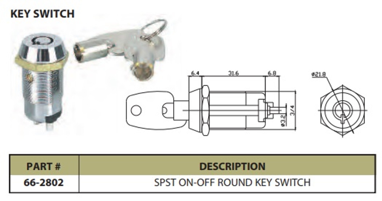 Key Switch SPST On/Off  Round Key Style - CES-66-2802