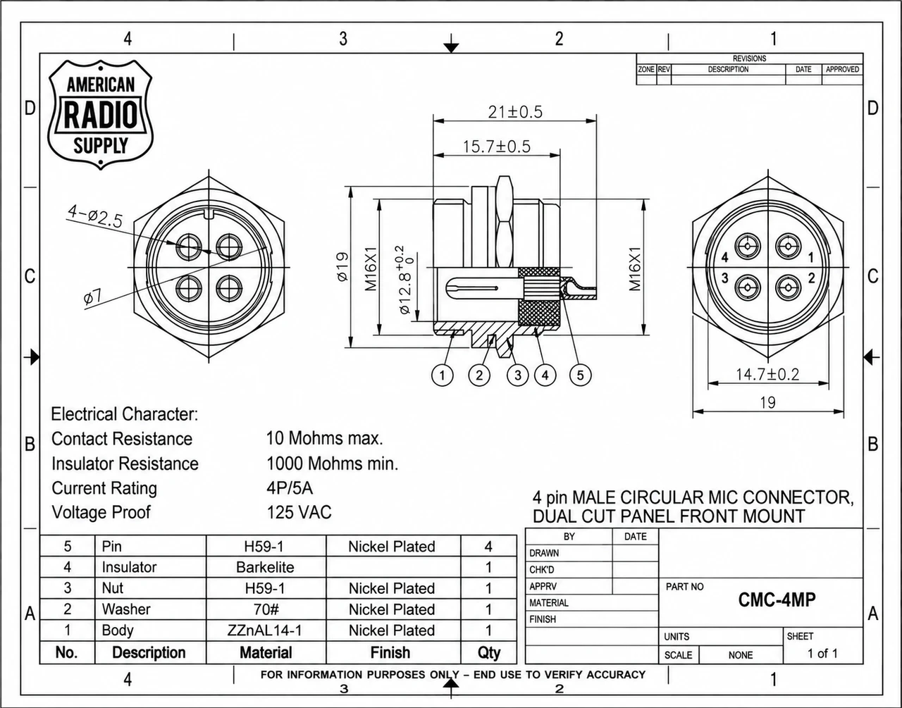 CMC-4MP - 4-Pin - Microphone & Electrical Cable Connector - Panel Jack