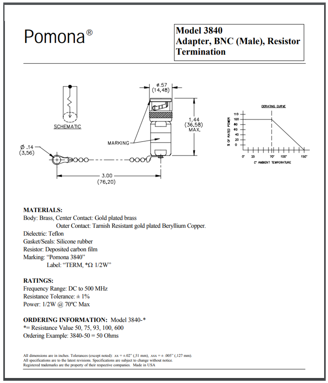 ITT Pomona 3840-75 - 75-Ohm Coaxial Termination Dummy Load