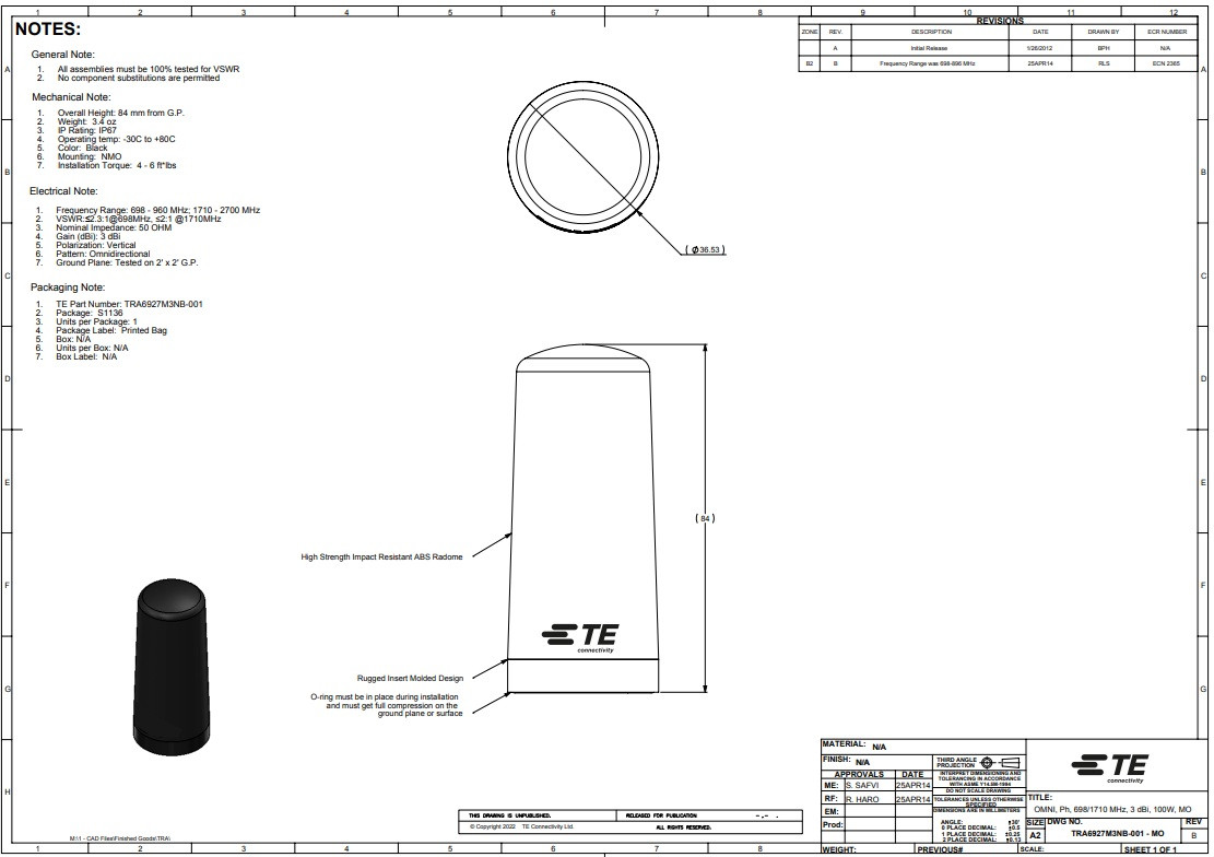 Laird TRA6927M3NB-001 - 4G/3G Multiband Phantom® Antenna - NMO