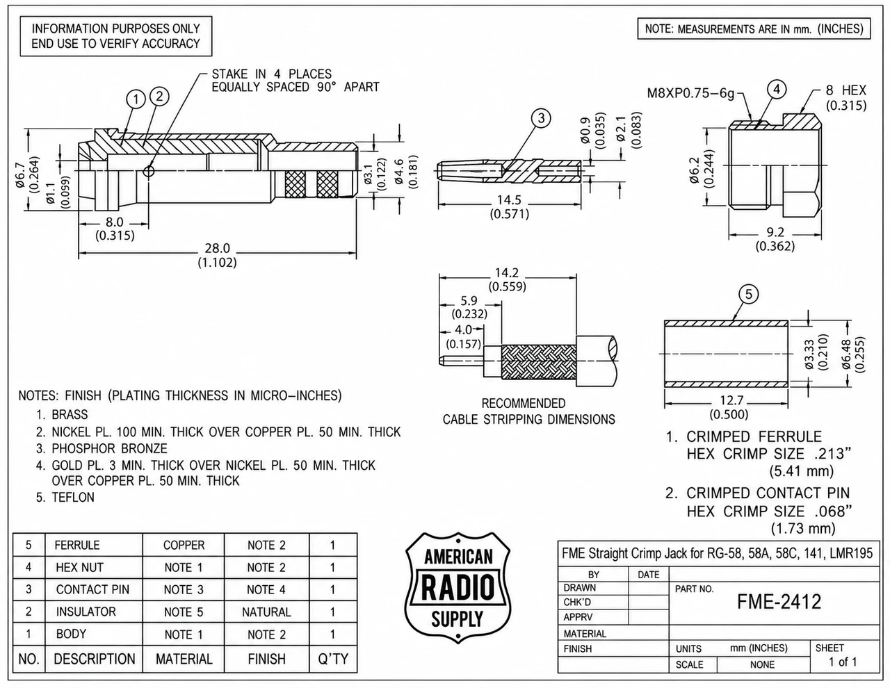 FME Female Straight Coaxial Crimp Connector for RG-58A LMR195 - FME-2412