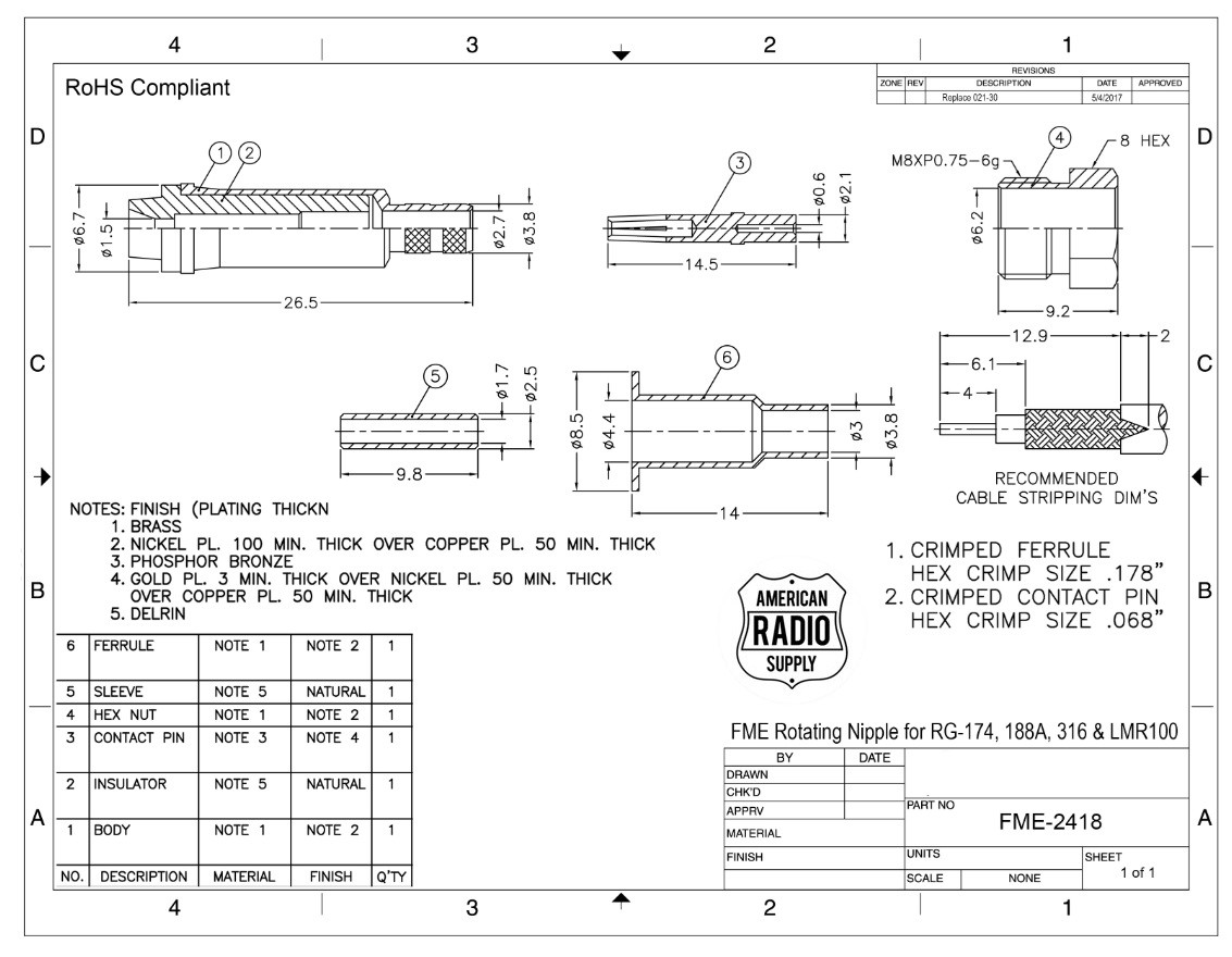 FME Female Jack Straight Coaxial Connector for RG-316/U (FME-2418)