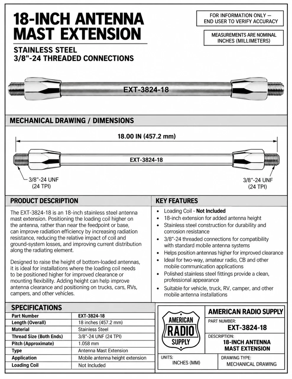 18-Inch - 3/8 x 24T Stainless Steel Antenna Mast Extension - EXT-3824-18