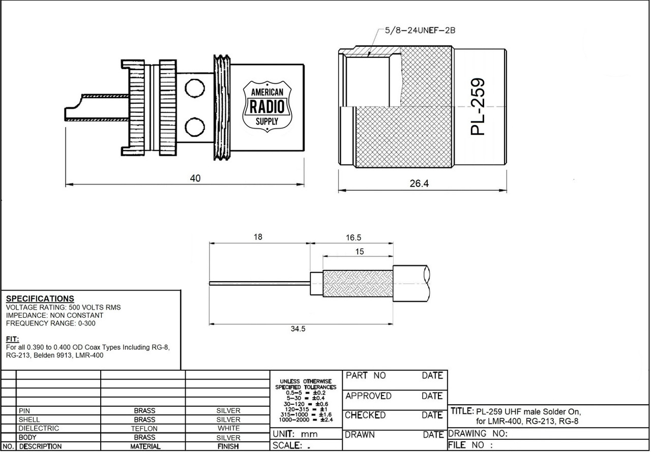 PL-259 UHF-Male Silver Teflon Coaxial Connector for RG-8, RG-213, LMR400