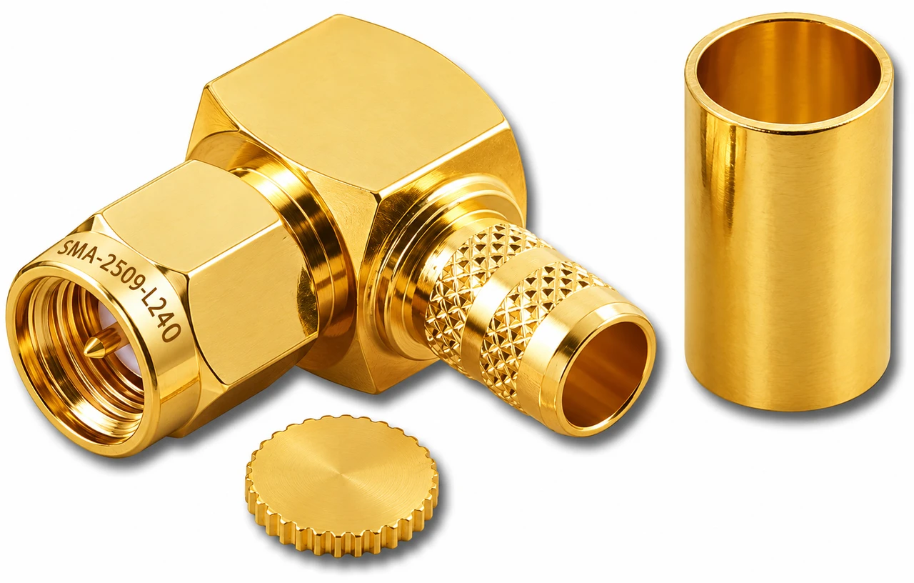SMA Male Right Angle Coaxial Crimp Connector RG8X LMR240 - SMA-2509-L240
