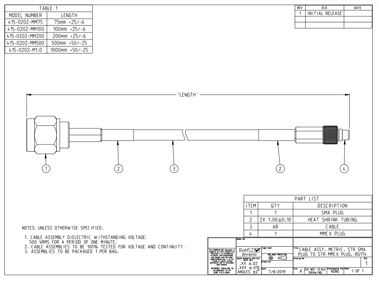 ARS-4780 - COAXIAL CABLE - MMCX-P SMA-M RG-174 36IN