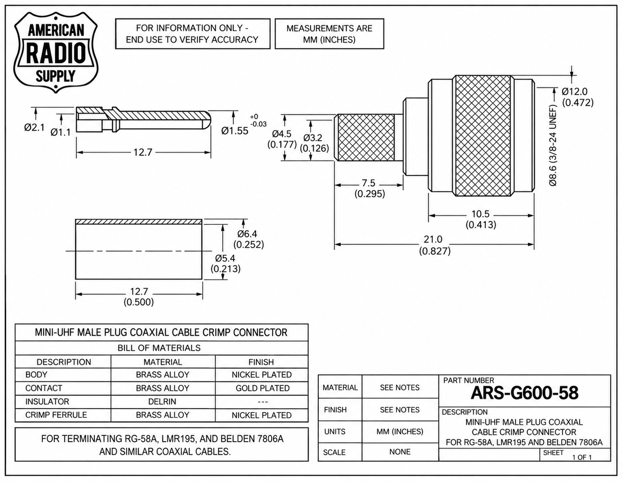 Mini-UHF Straight Male Plug Crimp Connector RG-58A LMR195 - ARS-G600-58