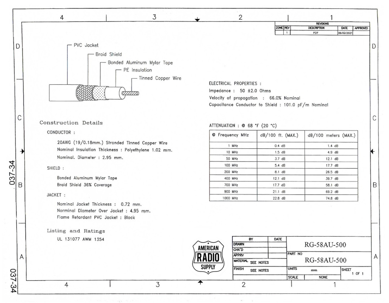 500 Foot - RG-58A/U 50-Ohm Coaxial Cable Reel Spool