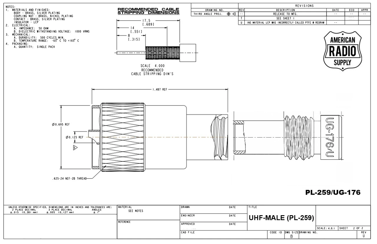 PL-259 / UG-176 - UHF Male Cable Plug Coaxial Connector - Silver Teflon - PL-259 / UG-176 - UHF Male Cable Plug Coaxial Connector - Silver Teflon