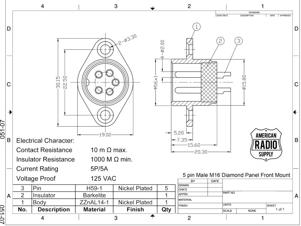 5-Pin - Microphone & Electrical Connector M16 Diamond Panel Front