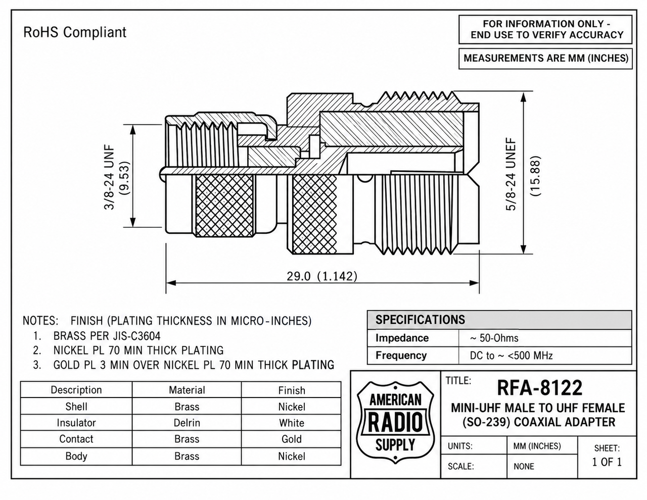 UHF Female SO-239 to Mini-UHF-Male Coaxial Adapter - RFA-8122