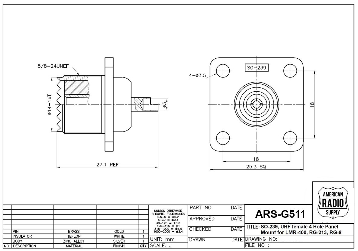 SO-239 UHF-Female 4-Hole Panel Mount Connector ARS-G511
