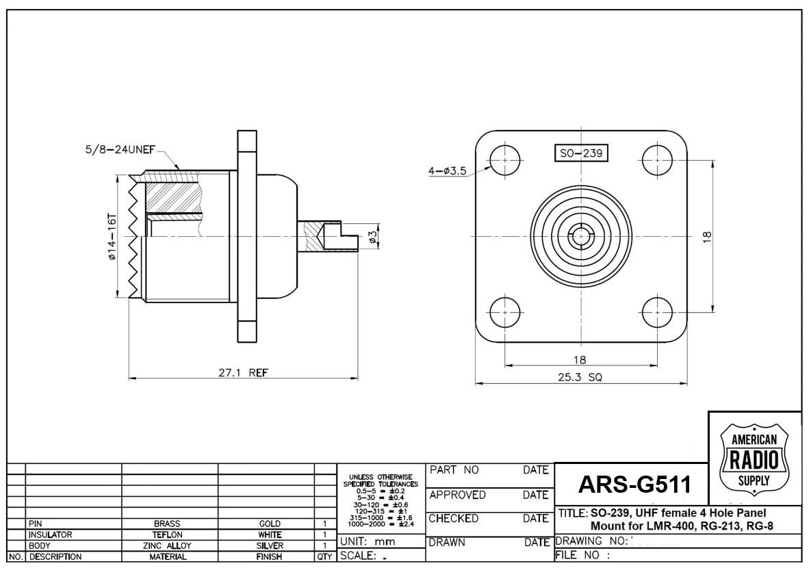 SO-239 UHF-Female 4-Hole Panel Mount Coaxial Connector