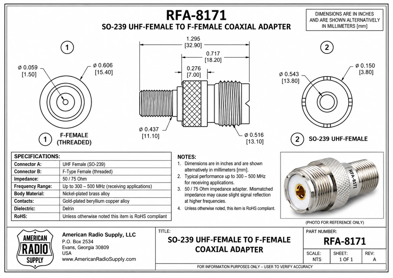 UHF-Female SO-239 to F-Type Female Coaxial Adapter Connector - RFA-8171
