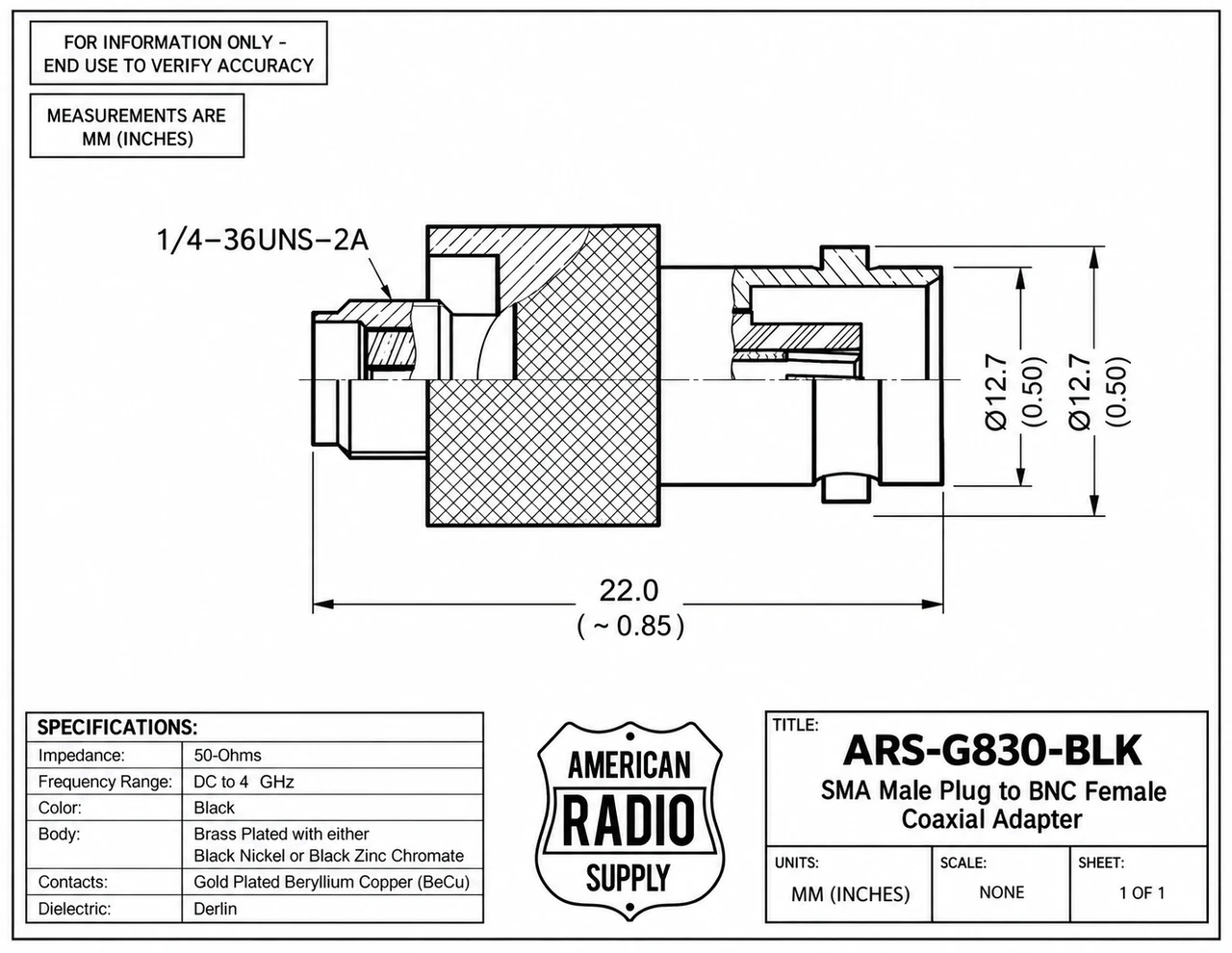 SMA BNC Female Coaxial Adapter for Handheld Radios - ARS-G830-BLK