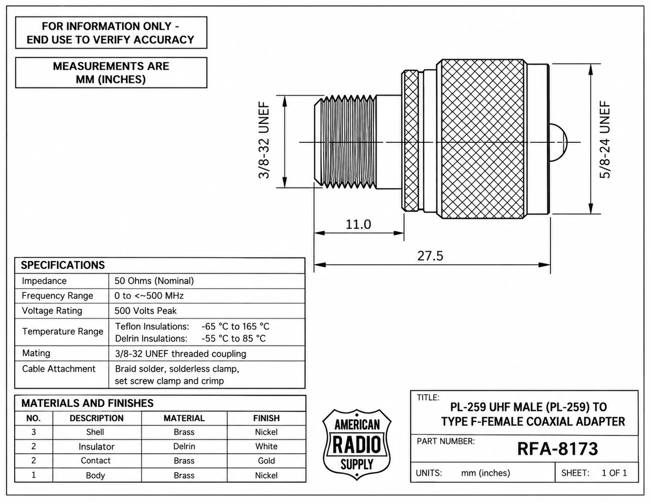 PL-259 UHF-Male Plug to Type F-Female Coaxial Adapter - RFA-8173