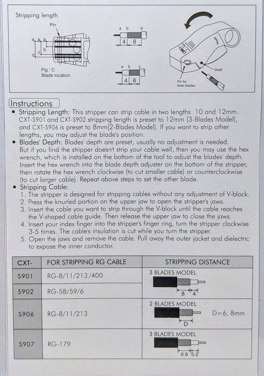 CXT-S901A - 3 Blade Coaxial Cable Stripper RG-8 RG-213 LMR400 LMR240