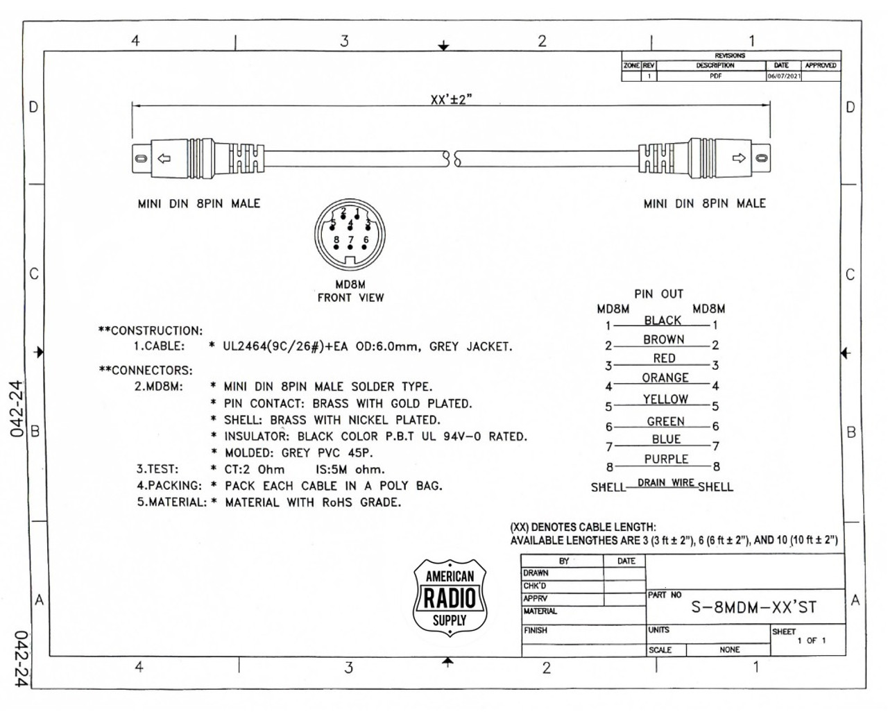 S-8MDM-10-ST - 8-Pin Mini DIN Male to Male Cable 10ft - Straight Through