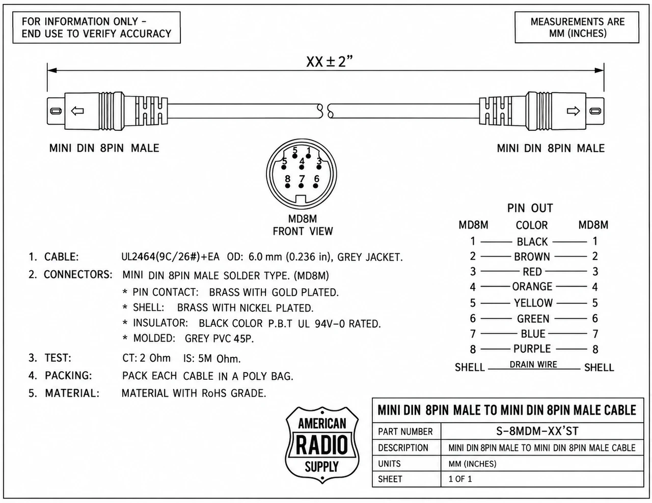 8-Pin Mini DIN Double Male Cable - Straight Through - 3ft - S-8MDM-3-ST