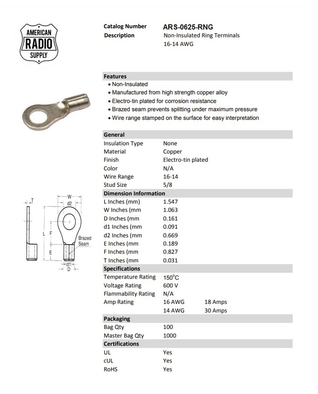 5/8 INCH HD GROUNDING LUG RING TERMINAL FOR SO-239 AND TYPE N CONNECTORS