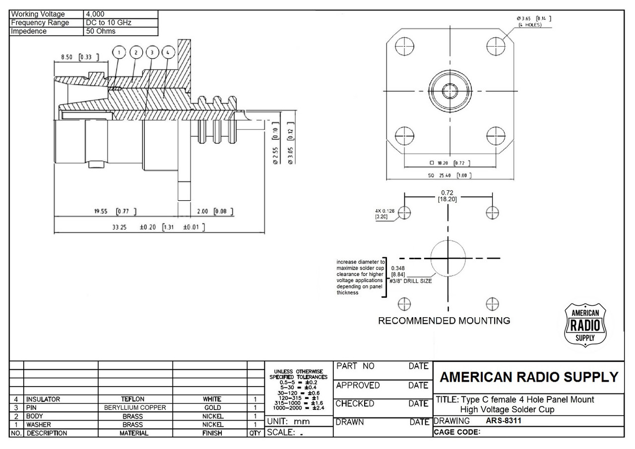 Type C Female 4-Hole Panel Mount Flange Coaxial Connector - H311