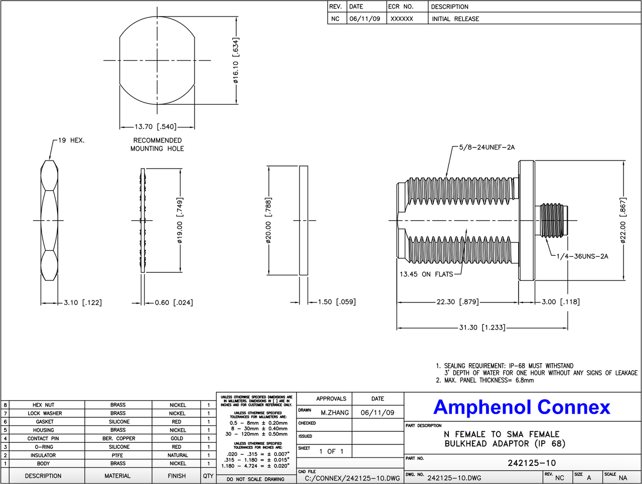 N Female to SMA Female IP-68 Coaxial Adapter - Amphenol 242125-10 - AMQ