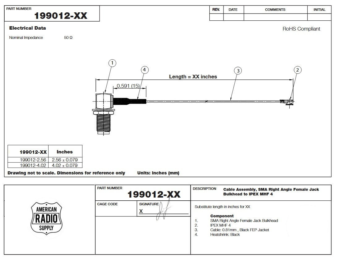 MHF4 Jack to SMA Female RA Bulkhead 0.81 Coax Cable 2.55" - 199012-2.56