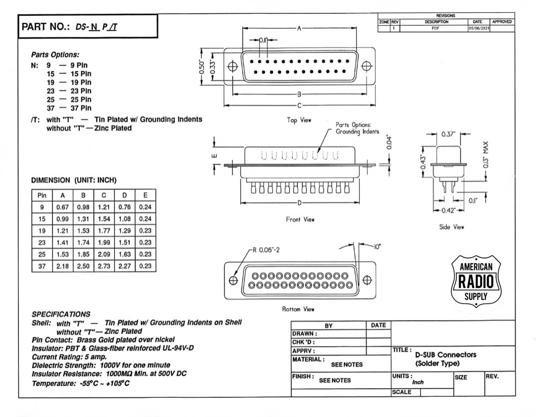 D-SUB 37 Pin Connector with Solder Cup Zinc Shell - DP-37P