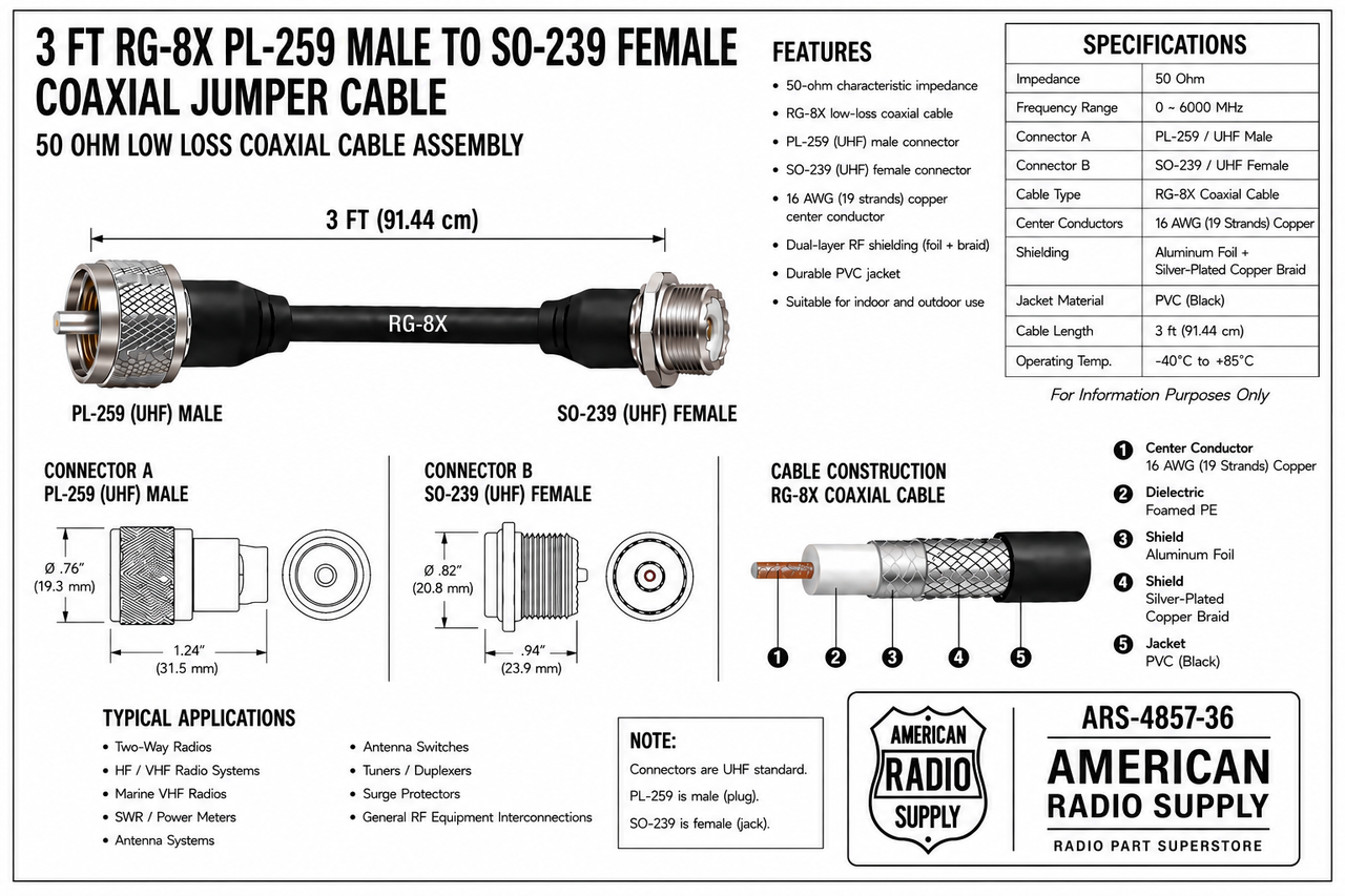 1-Foot - RG-8X Coaxial Cable PL-259 to SO-239 UHF Connectors - ARS-4857