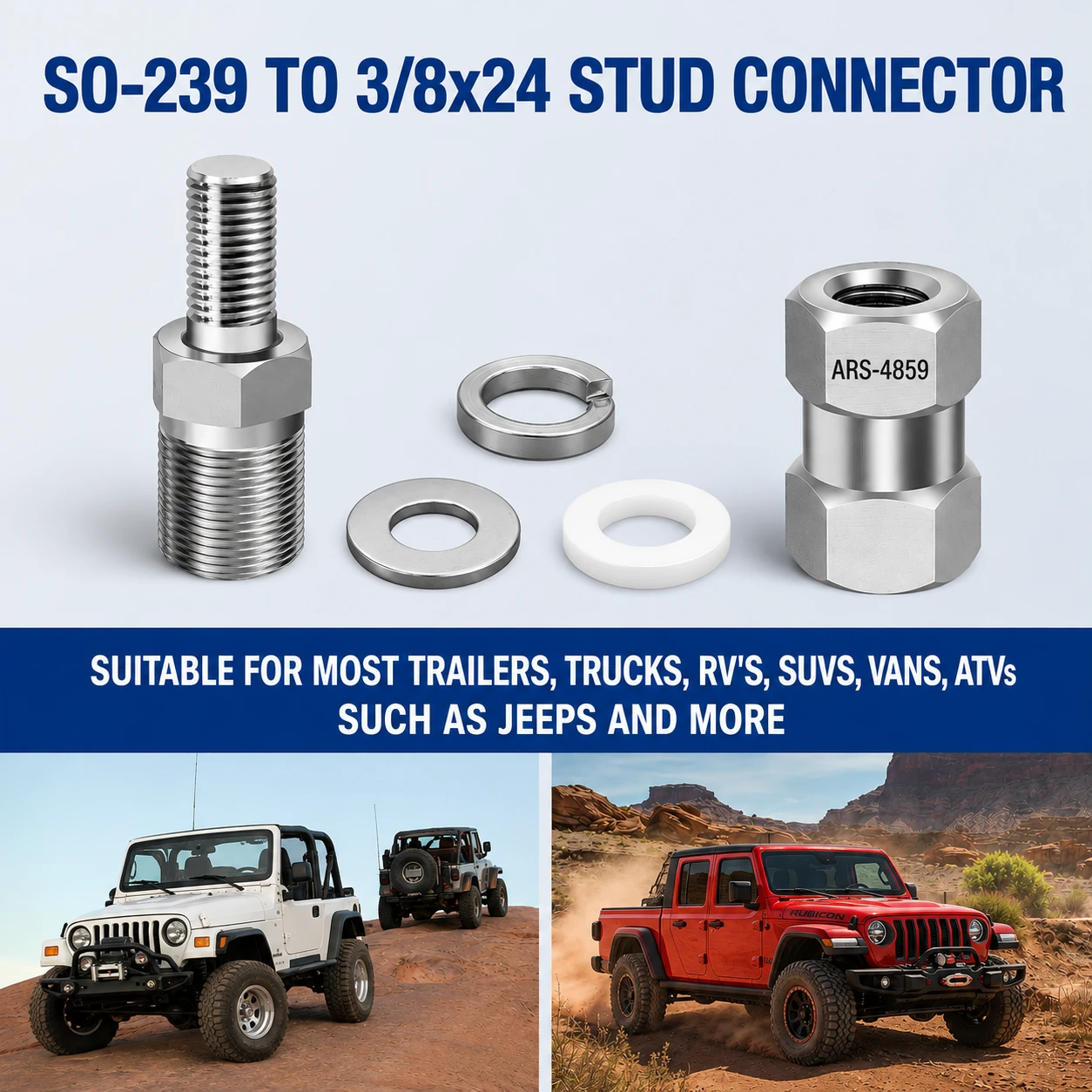 SO-239 to 3/8" x 24 Threaded Stud Connector for Radio Antenna - ARS-4859
