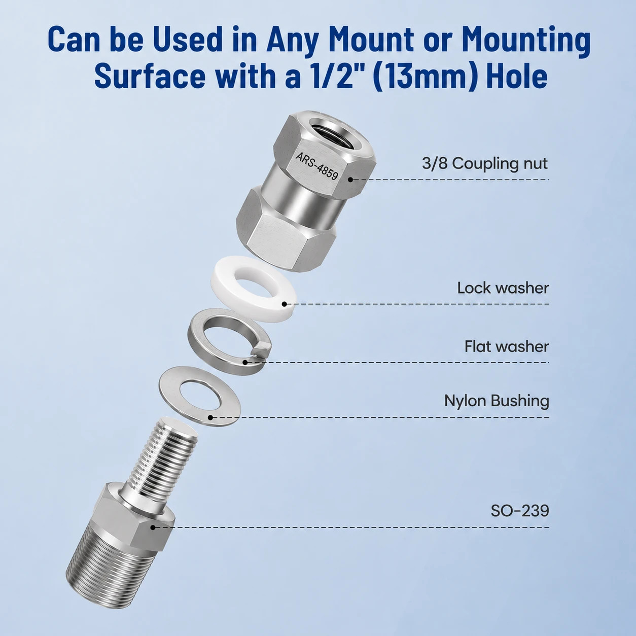 SO-239 to 3/8" x 24 Threaded Stud Connector for Radio Antenna - ARS-4859