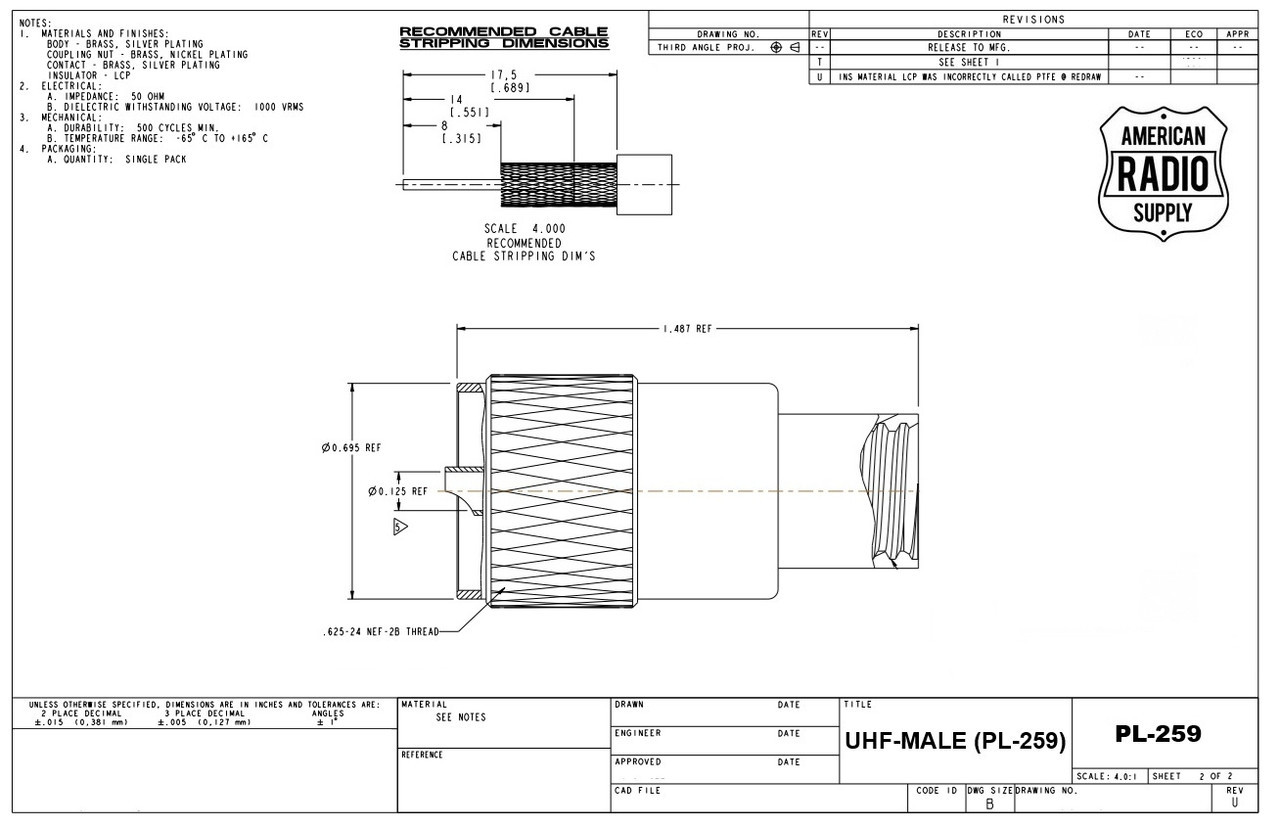 PL-259 / RG-8 / RG-213 / LMR400 - UHF Male Cable Connector - ARS-PL-259