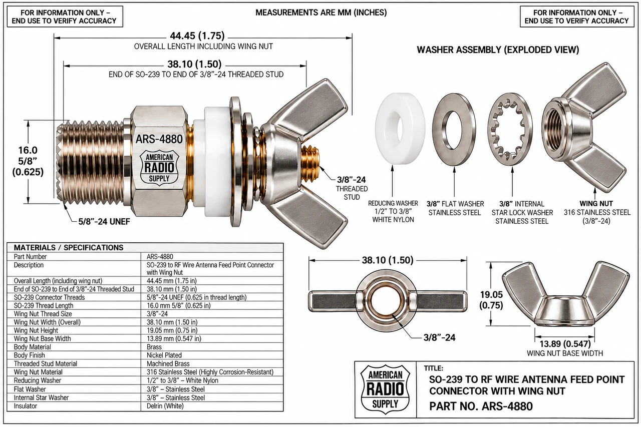 SO-239 to RF Wire Antenna Feed Point Connector with Wing Nut  - ARS-4880