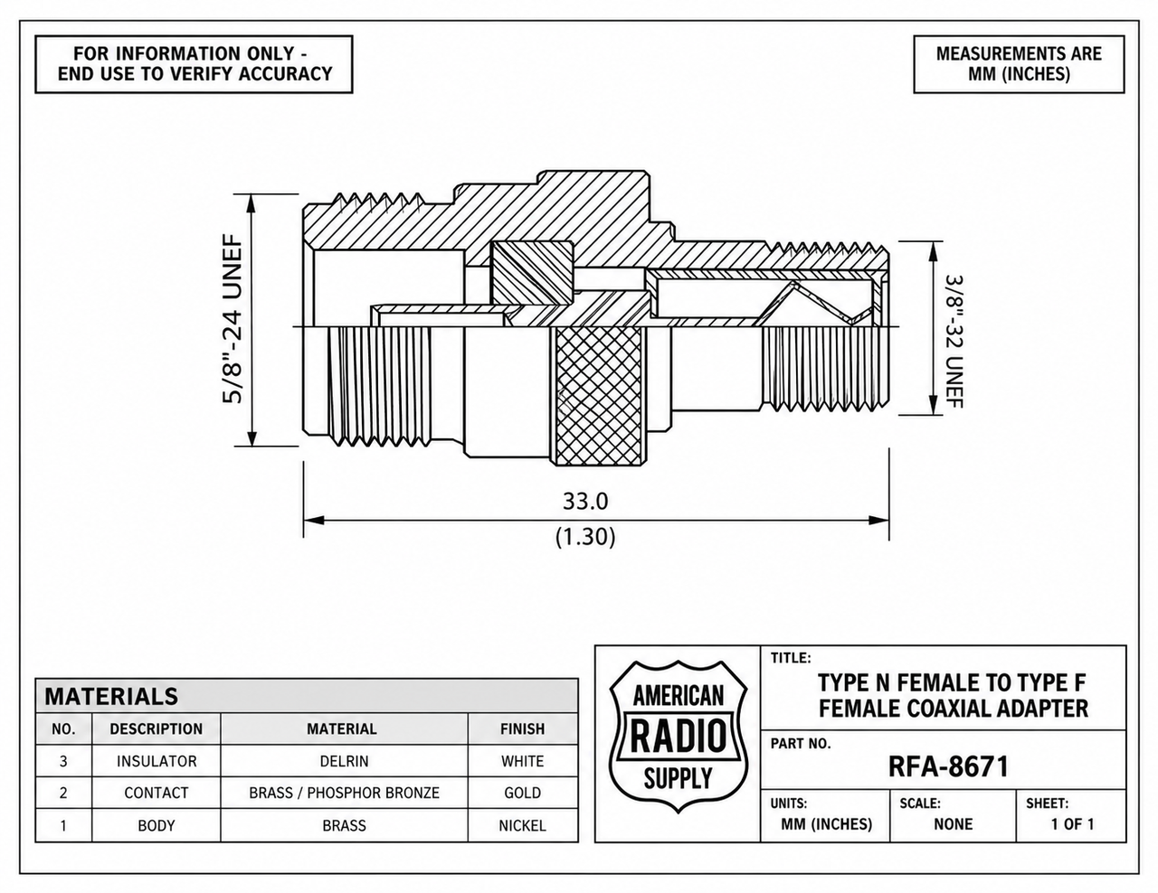 Type N Female to Type F Female Jack Coaxial Adapter - RFA-8671