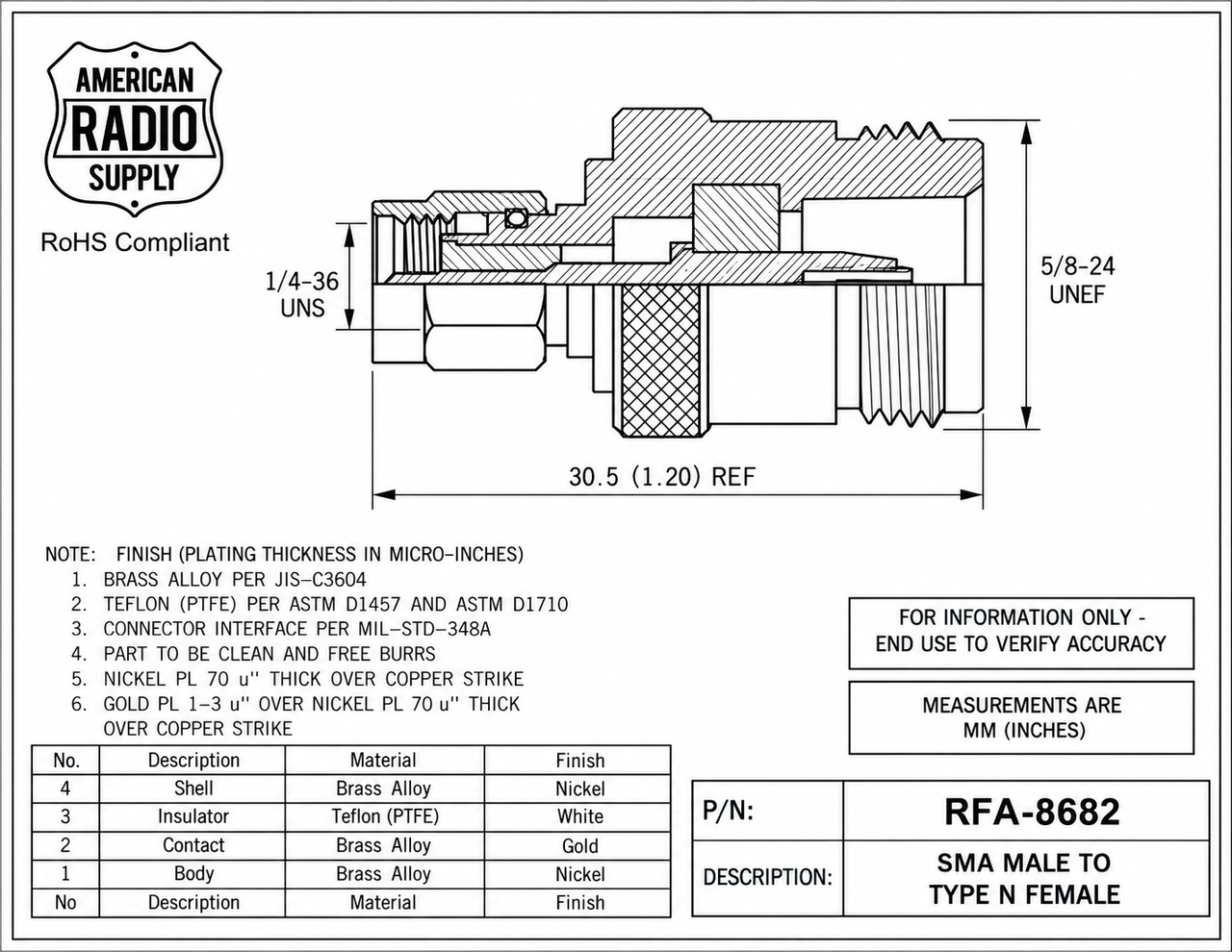 SMA Male to Type N Female Coaxial Adapter Connector - RFA-8682