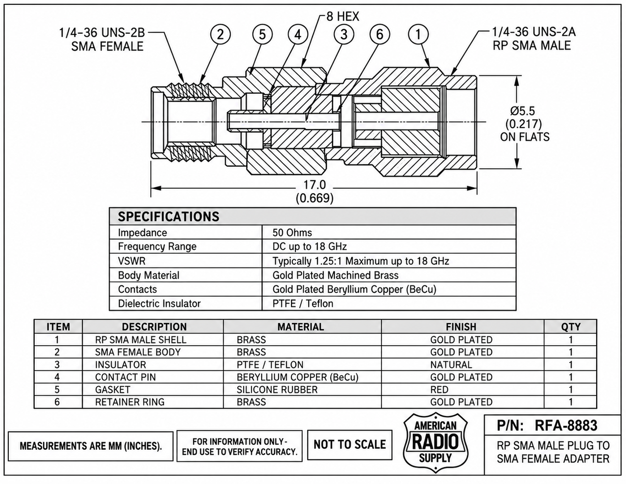 RP SMA Plug 'Reverse Polarity' to SMA Female Coaxial Adapter - RFA-8883
