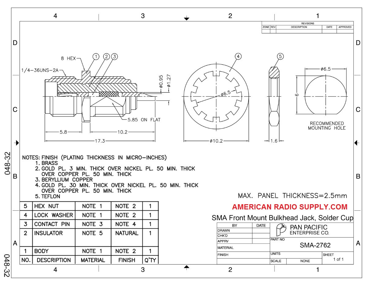 SMA Female Feed-Through Bulkhead Connector (SMA-2762)
