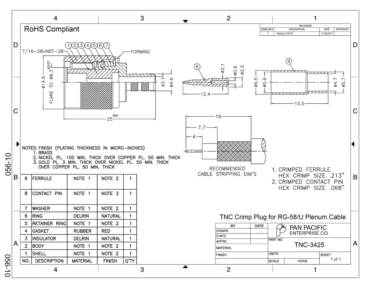 TNC Straight Male (Plug) Crimp Connector for Plenum RG-58/U (TNC-3425)