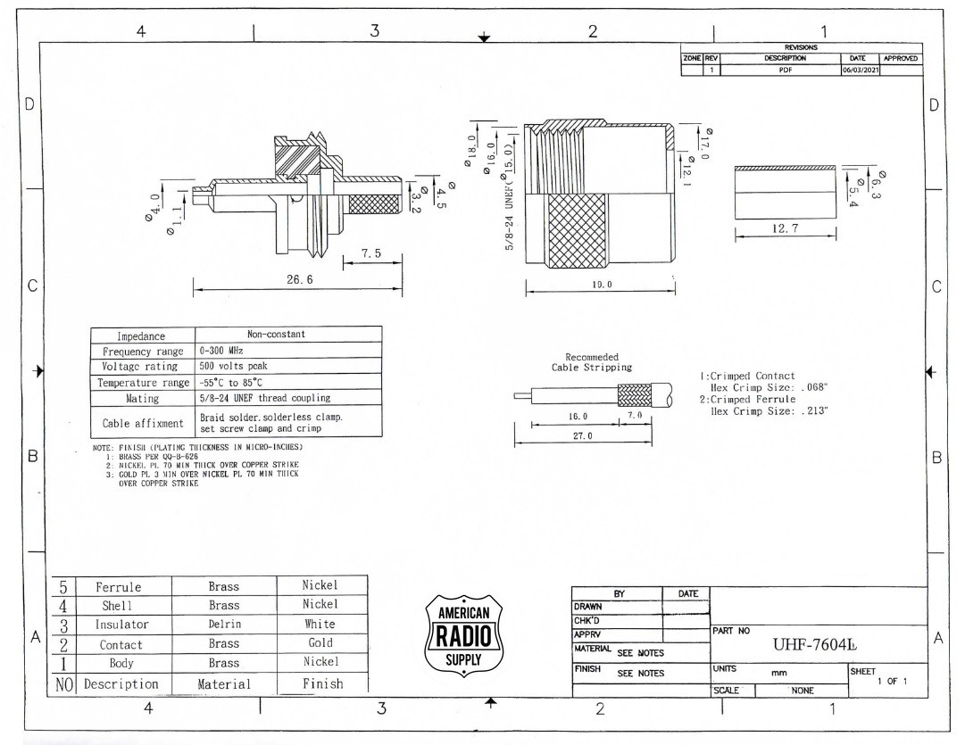 Crimp PL259 UHFMale Coaxial Connector for RG58 (UHF7604L)