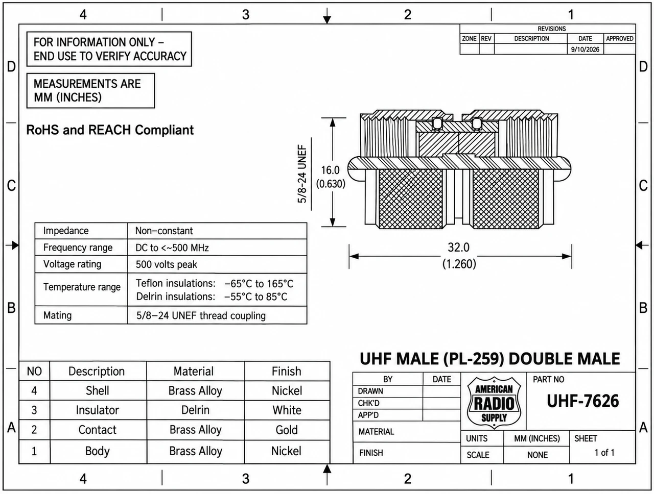 UHF Double Male Barrel Coaxial Adapter – PL-259 to PL-259 - UHF-7626
