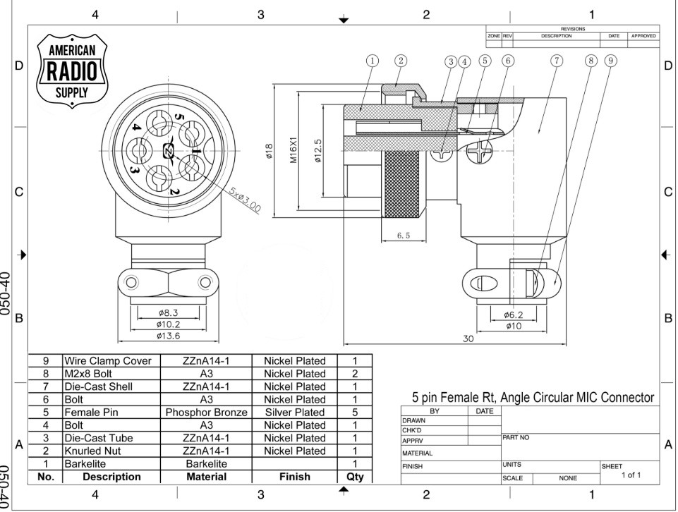 5-Pin - Microphone & Electrical Cable Connector - Right Angle Elbow